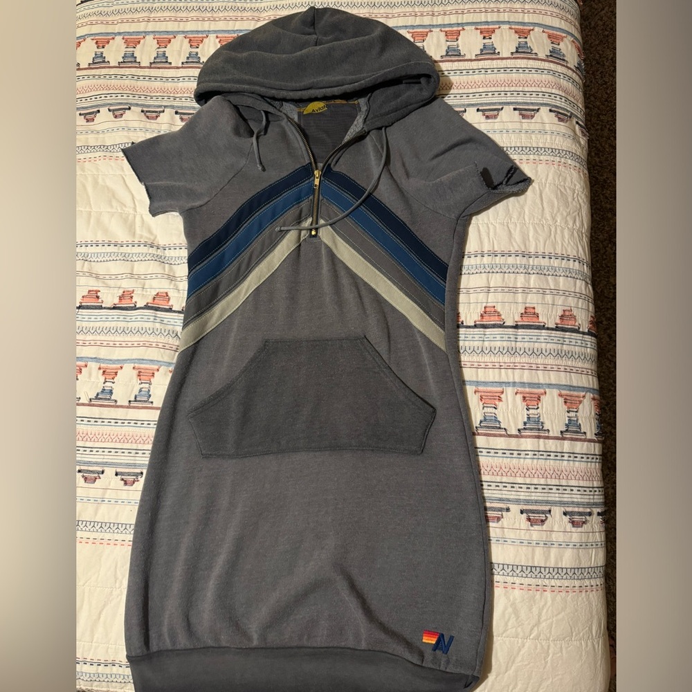 Aviator Nation Short Sleeve Zip Up Dress size M/L in grey with blue stripes